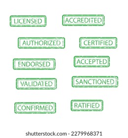 Rubber stamp affirmative accepted licensed and confirmed ratified. Vecor illustration. Green ink, right mark, okay assent, validaiting sign, verefying signing, ratitfication rubber stamp