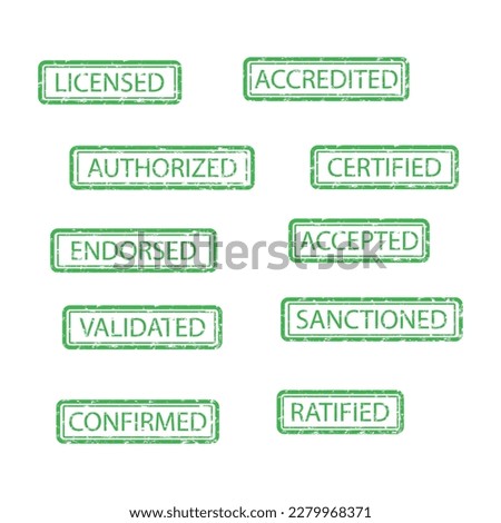 Rubber stamp affirmative accepted licensed and confirmed ratified. Vecor illustration. Green ink, right mark, okay assent, validaiting sign, verefying signing, ratitfication rubber stamp