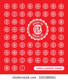 Rubber Stamp from all major countries. 'Made in' labels stamps. Collection of red rubber stamp.