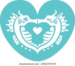 Rubber stamp of cute couple of seahorses in love. For New Year's card. Vector illustration isolated on white background