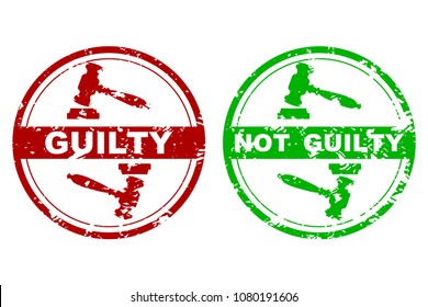 Rubber stamp guilty and not guilty. Court judicial verdict, stamp badge not guilt. Vector illustration