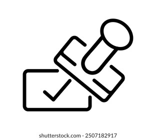 Rubber stamp icon with check mark in outline stock vector.