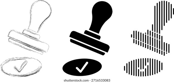 Ícone de carimbo definido com marca de seleção. Selo aprovado, verificado e aceito em esboço, silhueta e estilos de linha abstratos