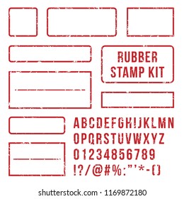Rubber stamp letters. Red stamps frame and rubber letterpress symbols with font alphabet numbers. Marks kit customizable text buffer grunge vector isolated icons set