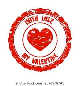 Rubber stamp with love my valentine and red heart, valentine grunge red, romance element symbol vector illustration