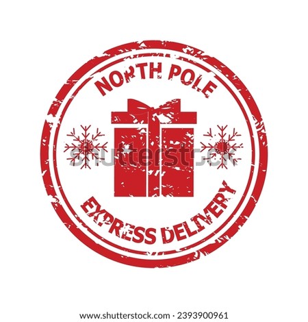 Rubber stamp north pole express delivery. Postmark delivery stamp, holiday post christmas for letter or notification xmas. Vector illustration