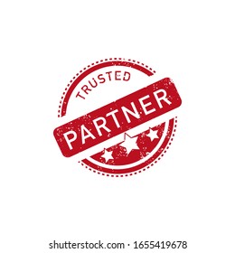 Rubber stamp and office supplies on a paper background with the text trusted partner. Company partnership and trust. Vector