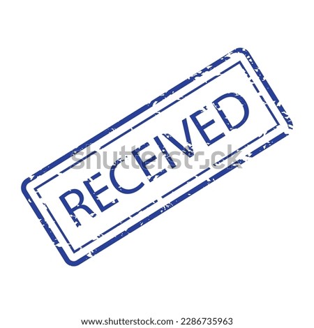 Rubber stamp receive for post office mark, postal service and mail, delivery, shipping parcels. Vector illustration. Post mail sign, postcard logo, blue dirty retro pictogram, old ink label