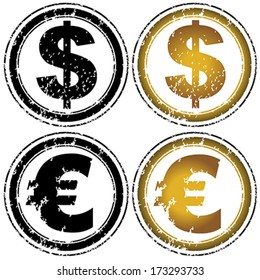 Rubber stamp set with dollar and euro symbols