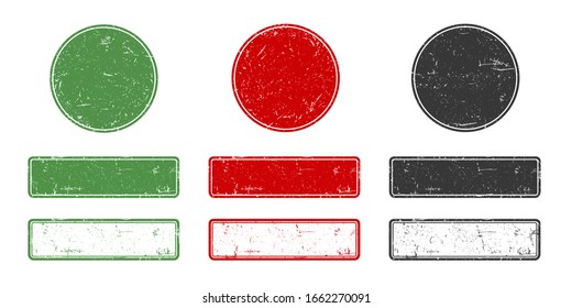 Rubber stamp set in old grunge style. Round and rectangle green, red and black banners, Vintage old texture stamp with empty place. Modern eco business element for natural product. 