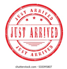 rubber stamp with text "just arrived" on white, vector illustration