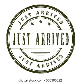rubber stamp with text "just arrived" on white, vector illustration