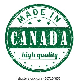 rubber stamp with text "made in Canada, high quality" on white, vector illustration