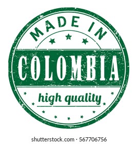rubber stamp with text "made in Colombia, high quality" on white, vector illustration