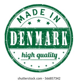 rubber stamp with text "made in Denmark, high quality" on white, vector illustration