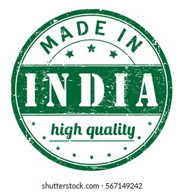 rubber stamp with text "made in India, high quality" on white, vector illustration