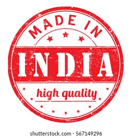 rubber stamp with text "made in India, high quality" on white, vector illustration
