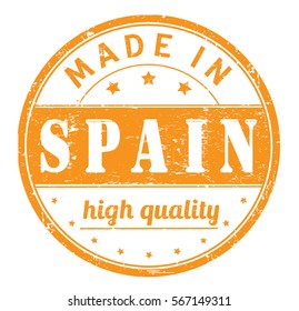 rubber stamp with text "made in Spain, high quality" on white, vector illustration