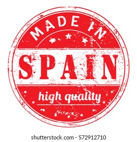 rubber stamp with text "made in Spain, high quality" on white, vector illustration