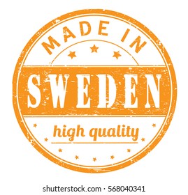 rubber stamp with text "made in Sweden, high quality" on white, vector illustration