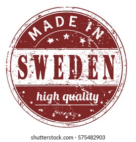 rubber stamp with text "made in Sweden, high quality" on white, vector illustration