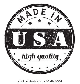 rubber stamp with text "made in USA, high quality" on white, vector illustration