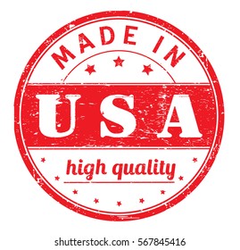 rubber stamp with text "made in USA, high quality" on white, vector illustration