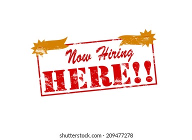 Rubber stamp with text now hiring here inside, vector illustration
