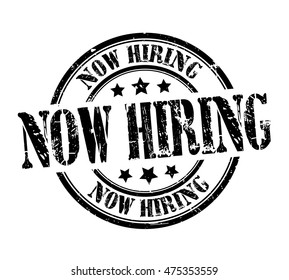 rubber stamp with text "now hiring" on white, vector illustration