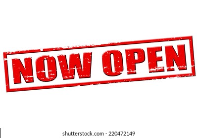 Rubber stamp with text now open inside, vector illustration