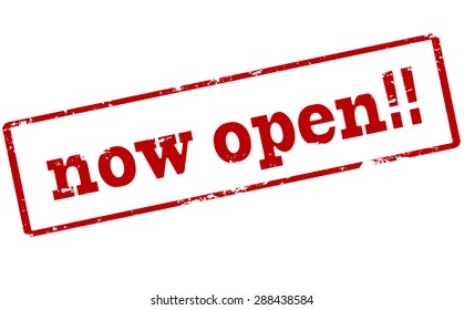 Rubber stamp with text now open inside, vector illustration