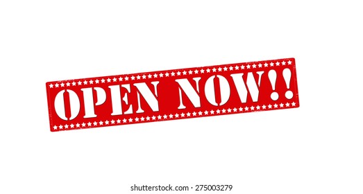 Rubber stamp with text open now inside, vector illustration