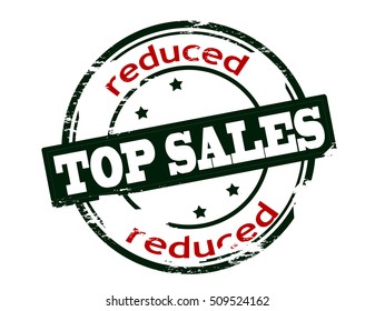 Rubber stamp with text, top sales reduced inside, vector illustration