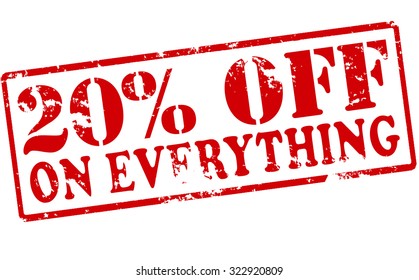 Rubber stamp with text twenty percent off on everything inside, vector illustration