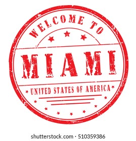 rubber stamp with text "welcome to Miami, United States of America" on white, vector illustration