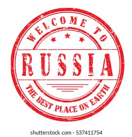 Rubber stamp with text. WELCOME TO RUSSIA, THE BEST PLACE ON EARTH. on white, vector illustration