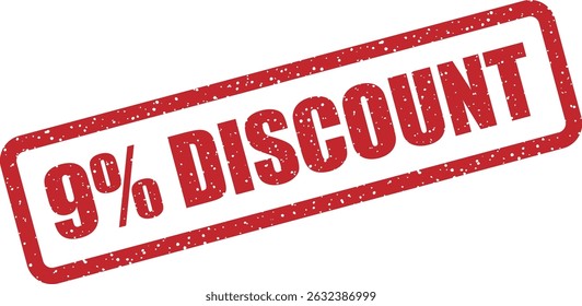 Vetor de carimbo com texto "9% DESCONTO". Ideal para designs promocionais, etiquetas de desconto, ativos de marketing digital ou materiais de venda impressos