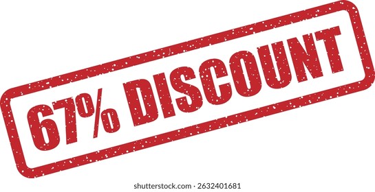 Vector de sello de goma con texto "67% DESCUENTO". Ideal para promociones de temporada, caídas de Precio, Anuncios de ventas en línea o materiales de marketing digital e impreso