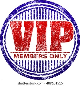 Rubber stamp Vip. Members only. In red and blue colors.