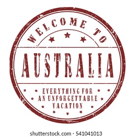 rubber stamp "welcome to Australia, everything for an unforgettable vacation" on white, vector illustration