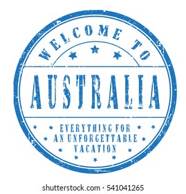 rubber stamp "welcome to Australia, everything for an unforgettable vacation" on white, vector illustration