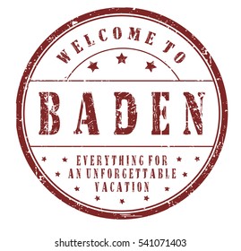 rubber stamp "welcome to Baden, everything for an unforgettable vacation" on white, vector illustration