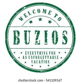 rubber stamp "welcome to Buzios, everything for an unforgettable vacation" on white, vector illustration