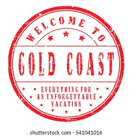 rubber stamp "welcome to Gold Coast, everything for an unforgettable vacation" on white, vector illustration