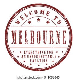 rubber stamp "welcome to Melbourne, everything for an unforgettable vacation" on white, vector illustration