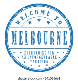 rubber stamp "welcome to Melbourne, everything for an unforgettable vacation" on white, vector illustration