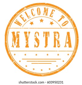 rubber stamp "welcome to Mystra", vector illustration