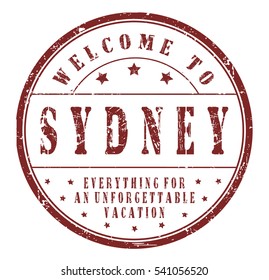 rubber stamp "welcome to Sydney, everything for an unforgettable vacation" on white, vector illustration