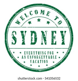 rubber stamp "welcome to Sydney, everything for an unforgettable vacation" on white, vector illustration