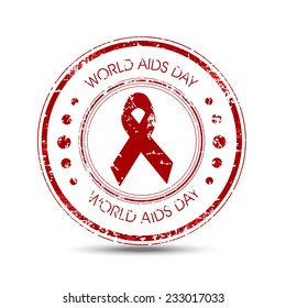 Rubber stamp for World Aids Day concept with stylish text and red ribbon of aids awareness.